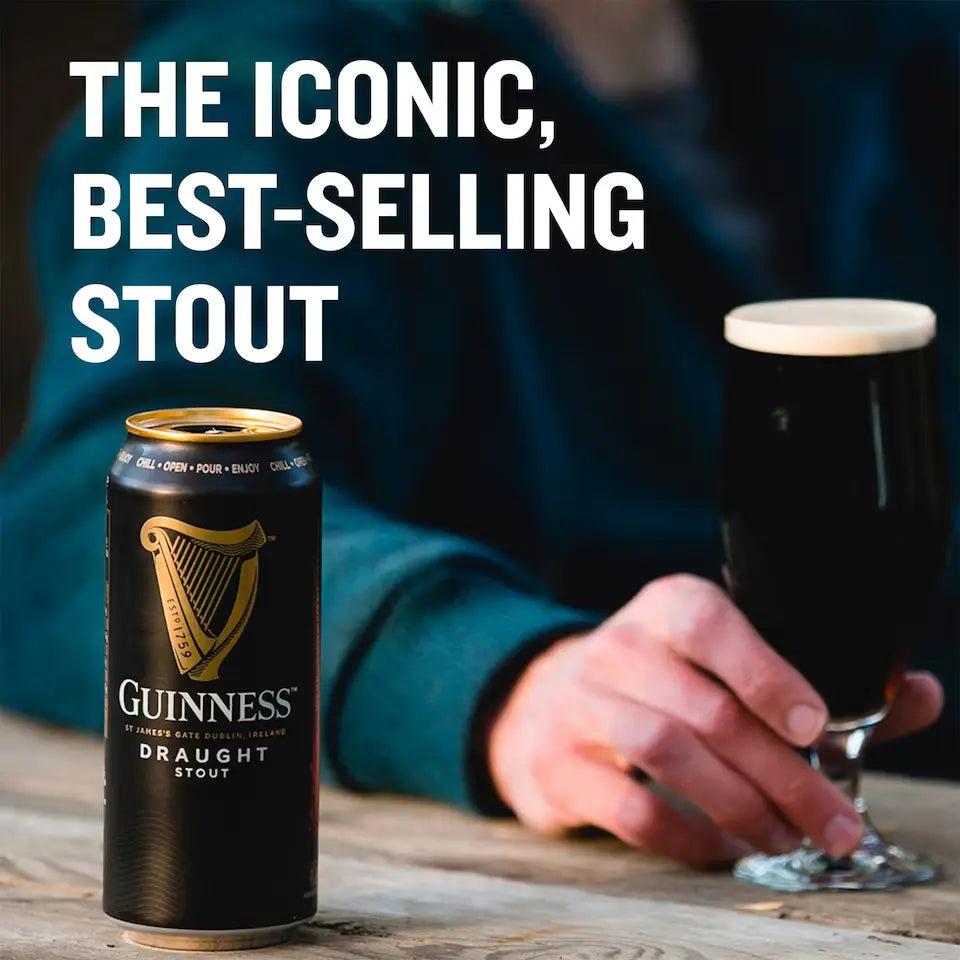 Guinness Draught Stout can and glass on a table with text 'The Iconic, Best-Selling Stout'.