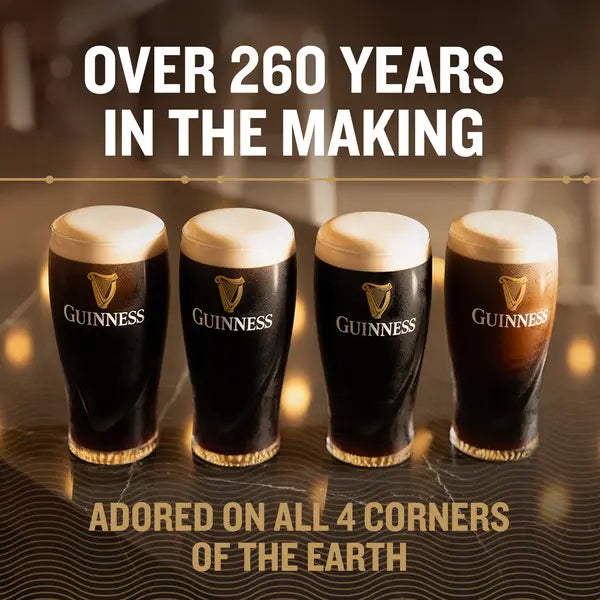 Four Guinness pints with text celebrating over 260 years of history and global popularity.