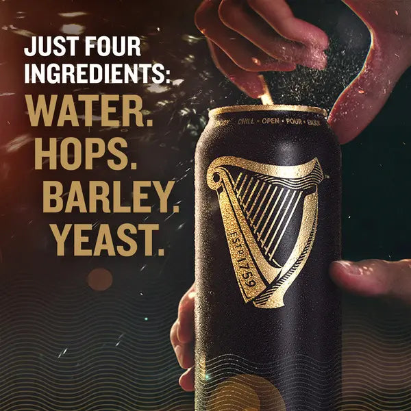 Can of beer with Harp logo and text about ingredients on a dark background