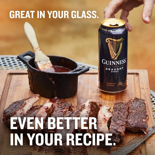 Guinness Draught Stout can with roasted meat on a cutting board, text 'Great in your glass. Even better in your recipe.'