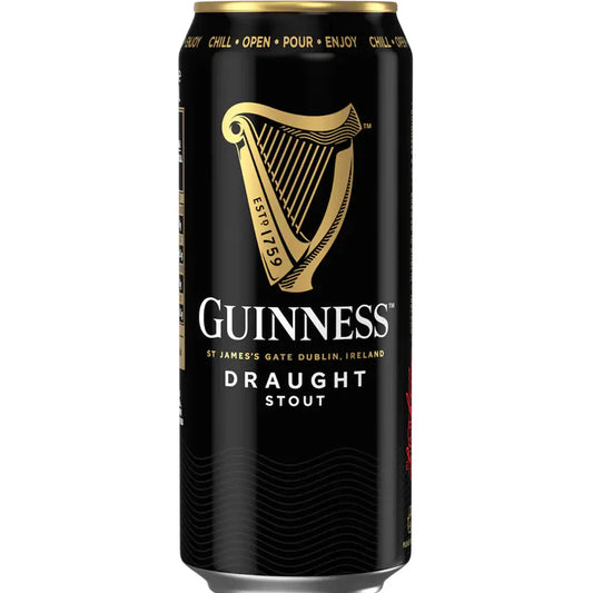 Guinness Draught Stout can with black and gold design on a white background