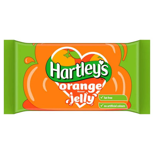 Hartley's orange jelly packaging with green and orange design on a white background