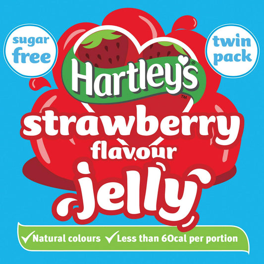 Hartley's strawberry flavor jelly twin pack on a blue background