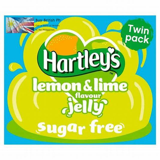Hartley's lemon & lime jelly packaging with a blue background