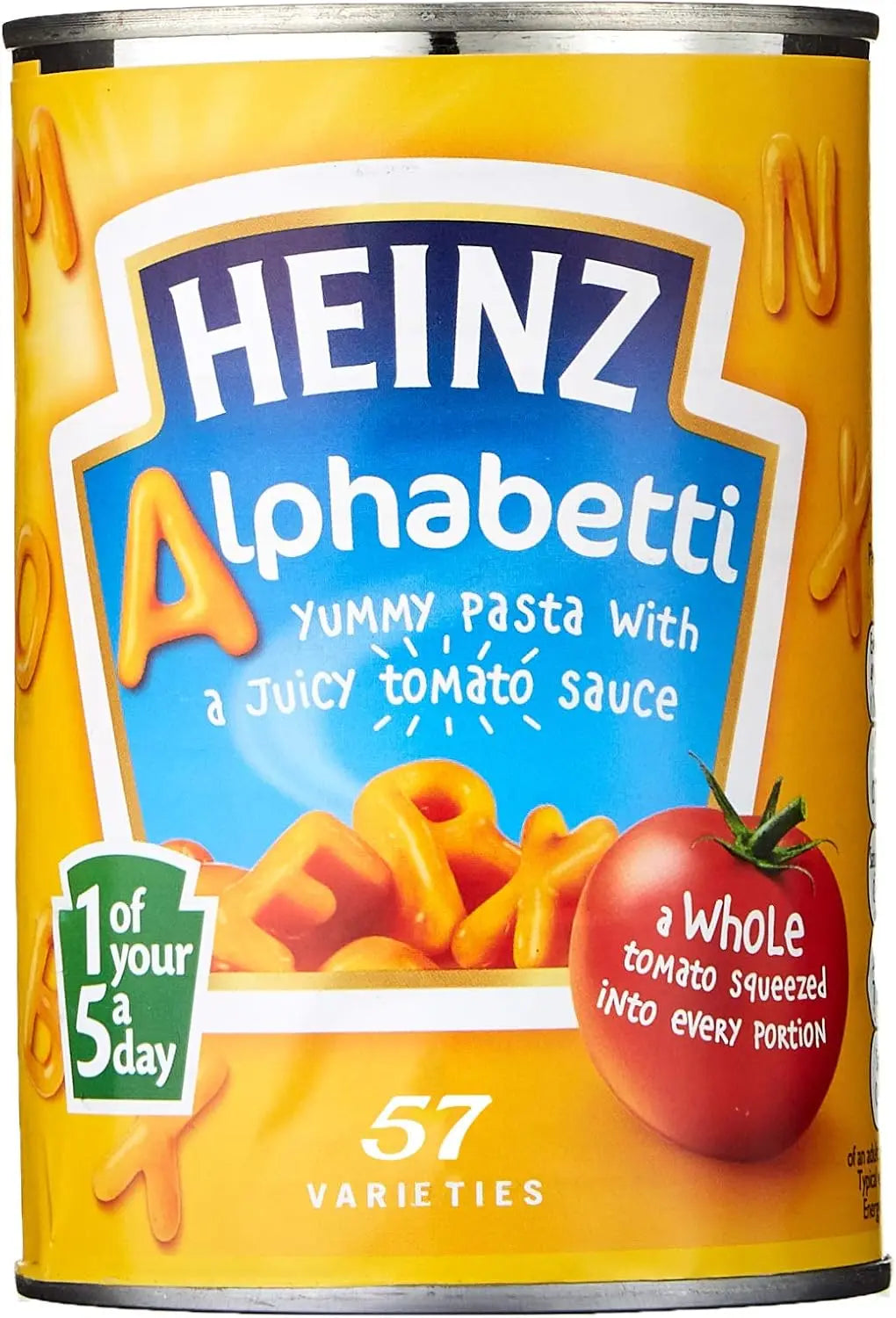 Can of Heinz Alphabetti pasta with tomato sauce on a yellow background