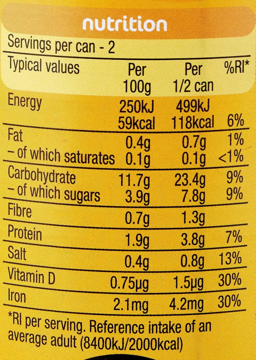 Nutritional information label on a yellow background
