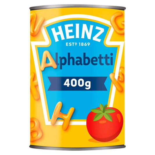 Heinz Alphabetti can with a tomato illustration on a white background now at Buy British PH.