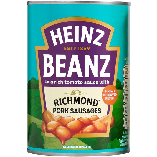 Heinz Baked Beans and Richmond Sausages 415g – British Tinned Meal, Buy British PH