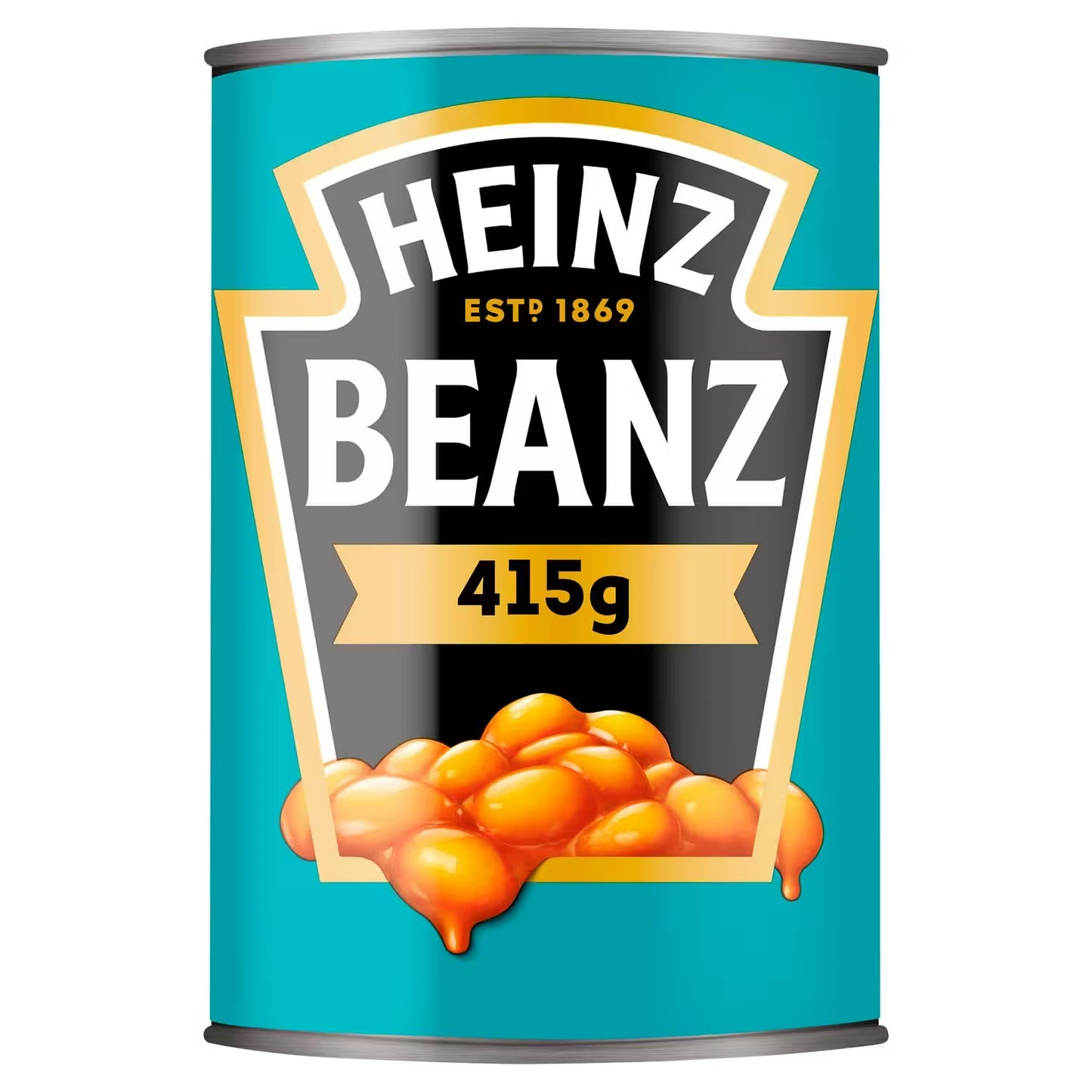 a tin of Heinz Baked Beans in a Rich Tomato Sauce 415g on white background