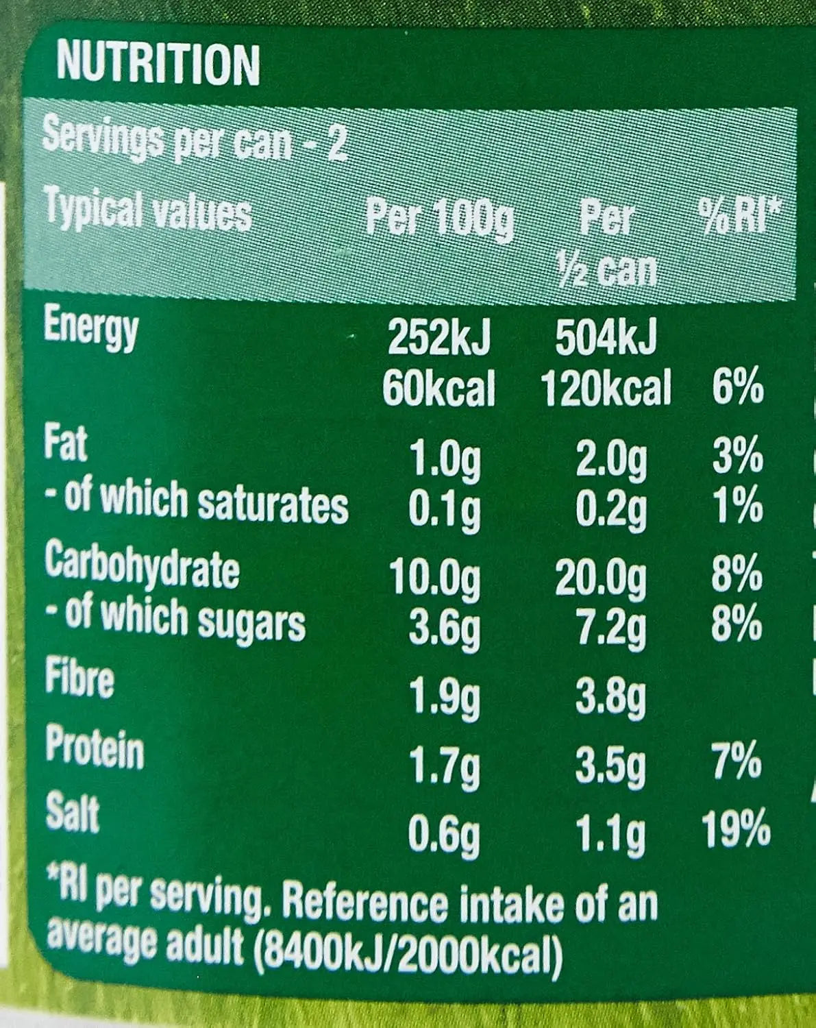 Nutritional information label on a green background
