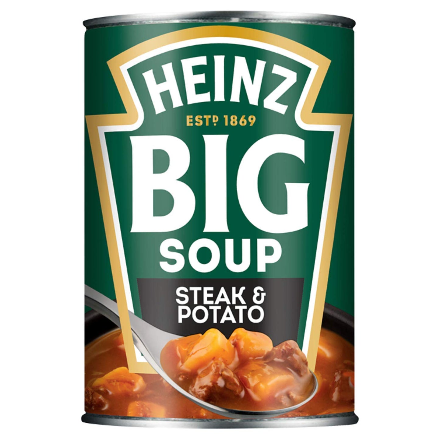 Can of Heinz Big Soup Steak & Potato on a white background