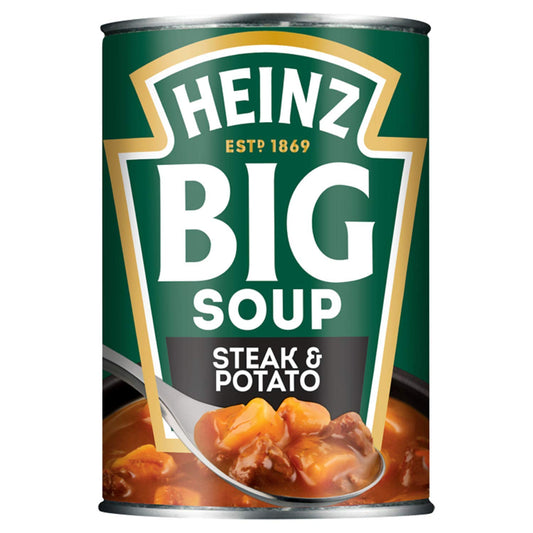 Can of Heinz Big Soup Steak & Potato on a white background