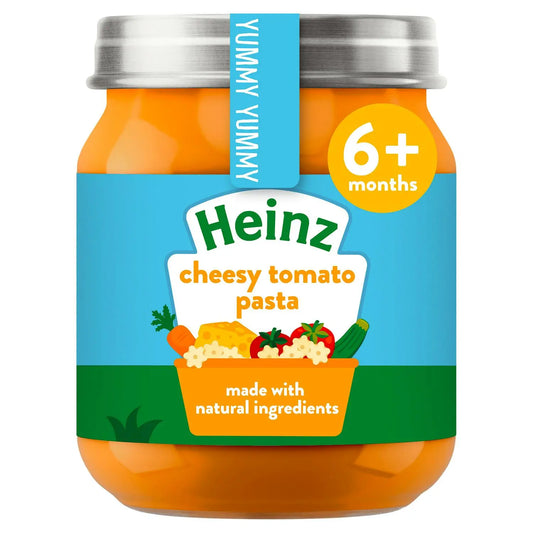 Heinz cheesy tomato pasta baby food jar with blue label and silver lid on white background