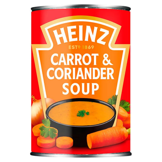 Can of Heinz Carrot & Coriander Soup on a white background