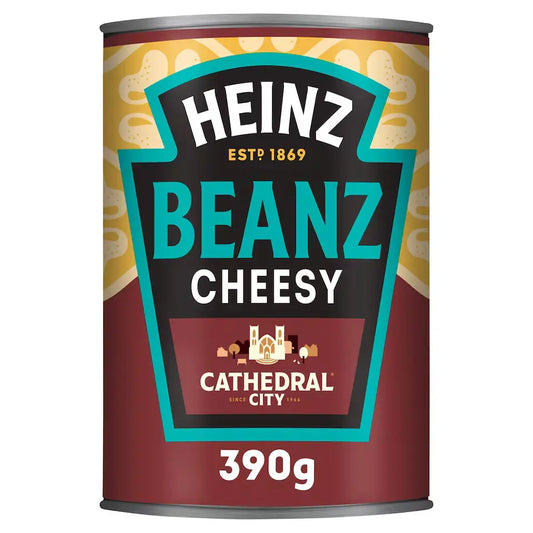 Can of Heinz Beanz Cheesy Cathedral City with brand logo and product details on a white background