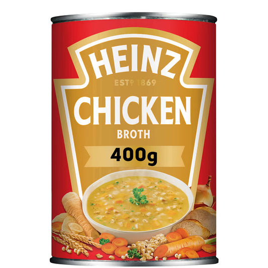 Can of Heinz Chicken Broth with a bowl of soup on the label