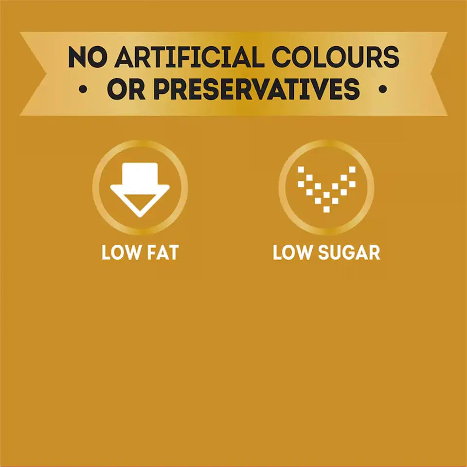 Product label with 'No artificial colours or preservatives', 'Low fat', and 'Low sugar' indicators on a brown background.