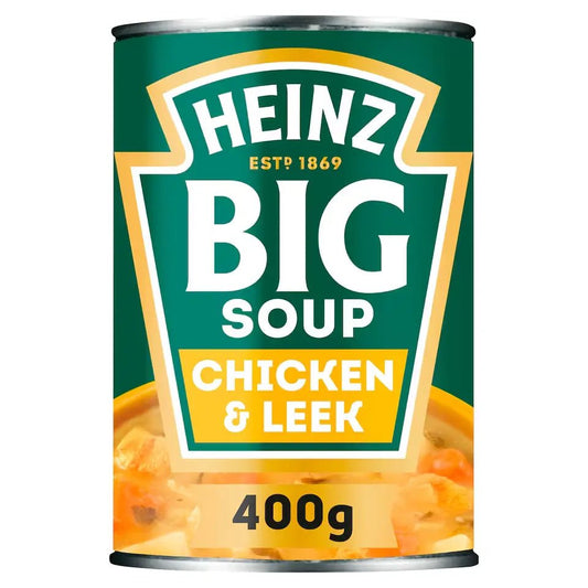 Can of Heinz Big Soup Chicken & Leek on a white background