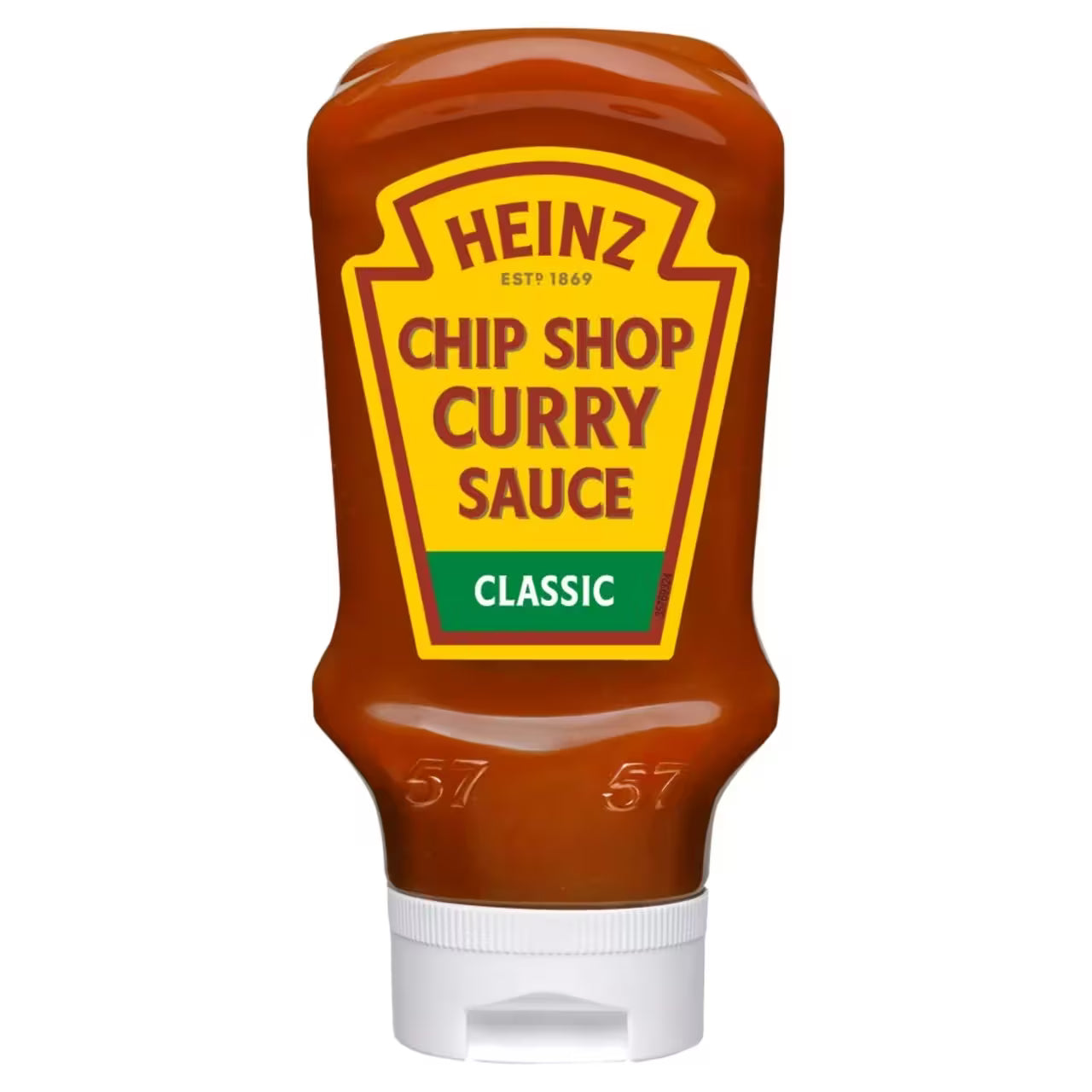 Heinz Chip Shop Curry Sauce bottle on a white background