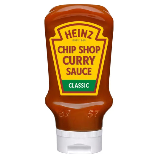 Heinz Chip Shop Curry Sauce bottle on a white background