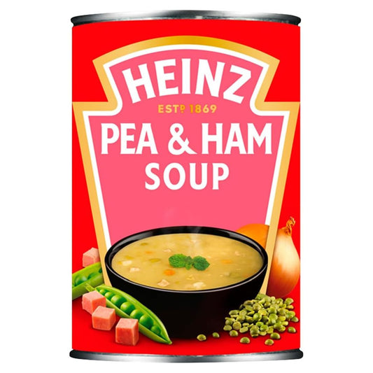 Can of Heinz Pea & Ham Soup with red label and soup image on a white background