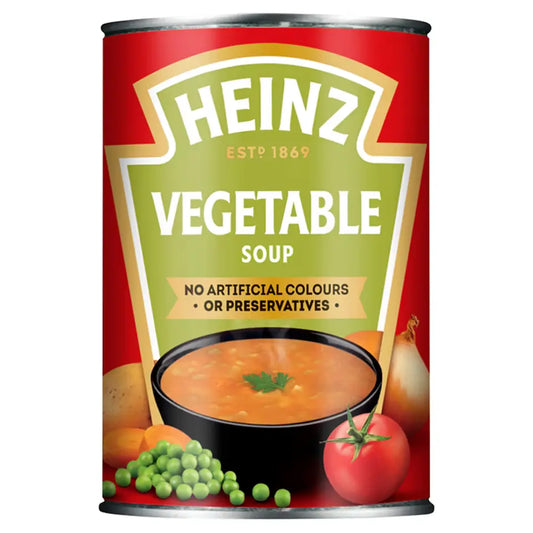 Can of Heinz Vegetable Soup with red and green label on a white background