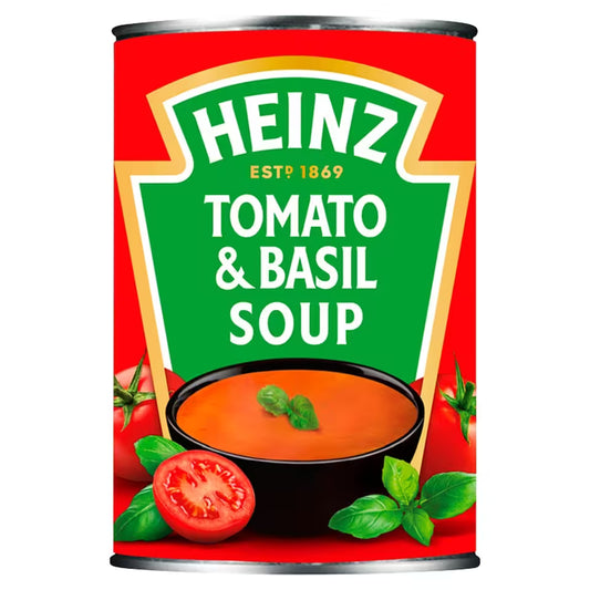 Can of Heinz Tomato & Basil Soup with red and green label