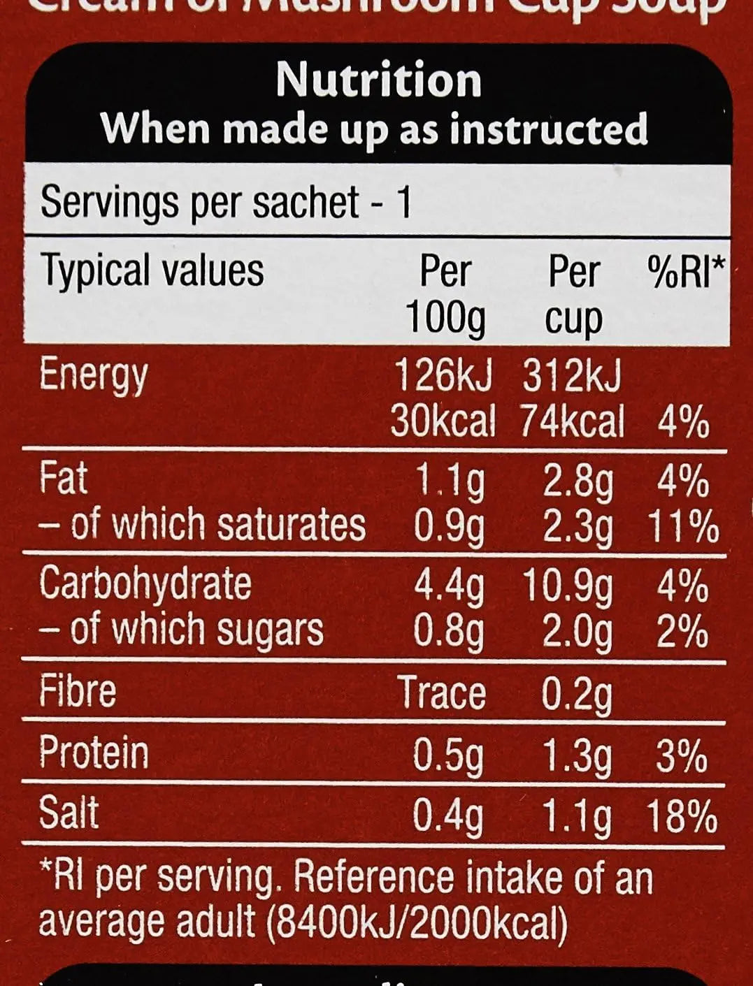 Heinz Mushroom Dry Cup Soup 70g Nutritional Values 