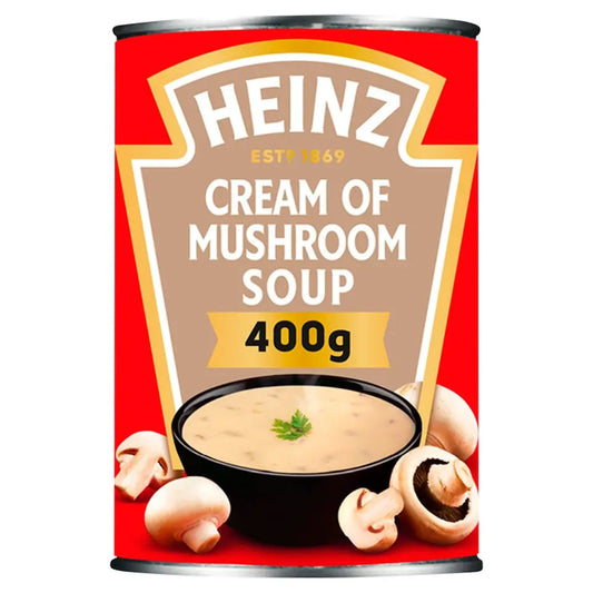 Can of Heinz Cream of Mushroom Soup with red and brown label