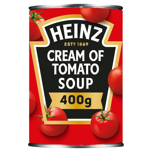 Can of Heinz Cream of Tomato Soup with red background and tomatoes