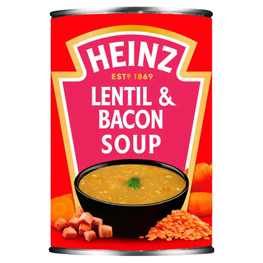 Can of Heinz Lentil & Bacon Soup with red label and soup image on a white background