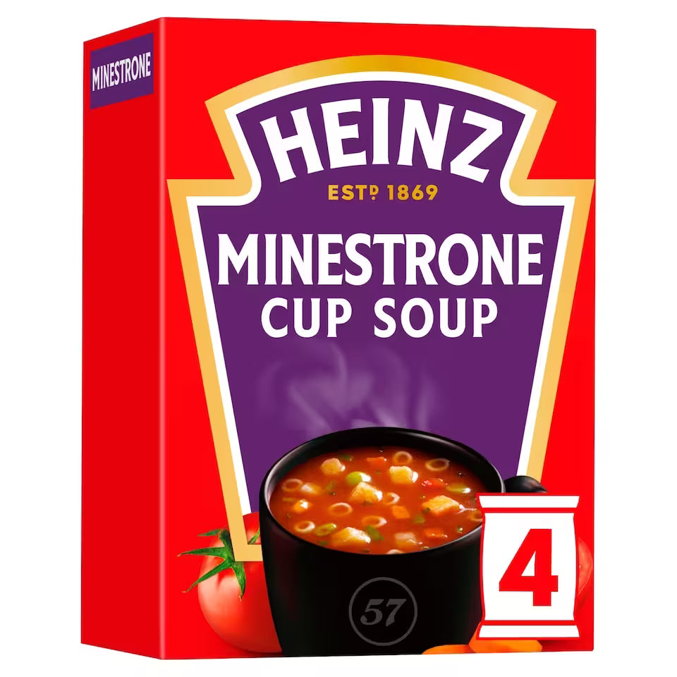 Heinz Minestrone Cup Soup packaging with a red background and purple label.
