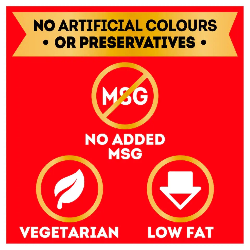 A red informational graphic with a gold banner reading 'NO ARTIFICIAL COLOURS OR PRESERVATIVES' and icons indicating 'NO ADDED MSG', 'VEGETARIAN', and 'LOW FAT'.