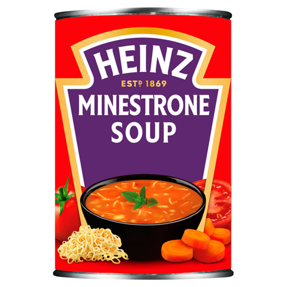 Can of Heinz Minestrone Soup with red label and soup image.