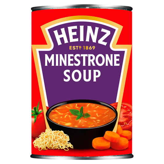 Can of Heinz Minestrone Soup with red label and soup image.