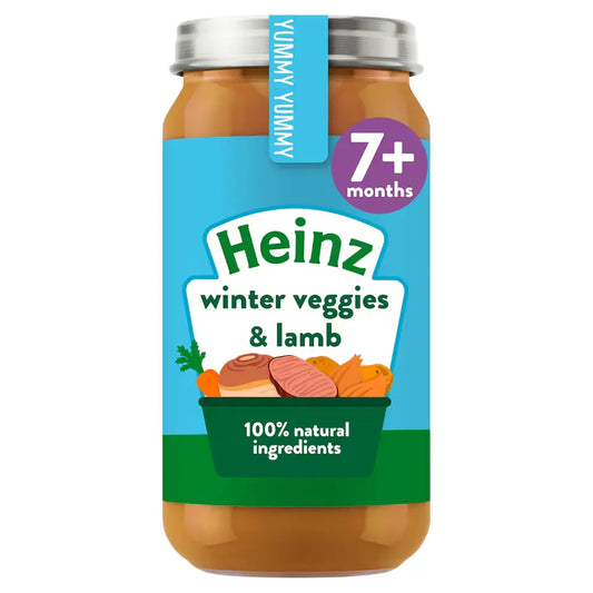 Heinz baby food jar with 'Winter veggies & lamb' label on a white background