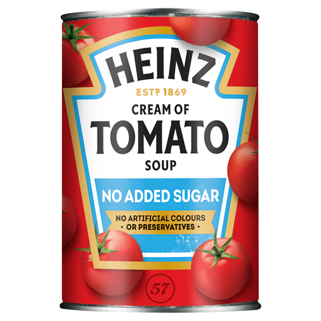 Can of Heinz Cream of Tomato Soup with no added sugar on a white background