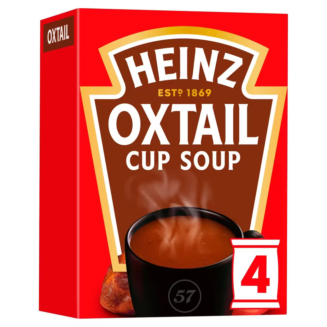 Heinz Oxtail Cup Soup packaging with a red background and black cup of soup.