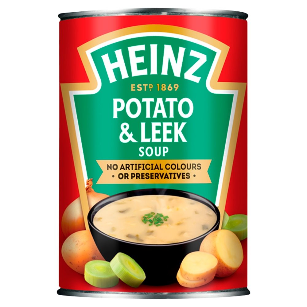 Can of Heinz Potato & Leek Soup with red and green design