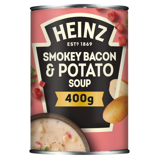 Can of Heinz Smokey Bacon & Potato Soup with visible branding and product details.