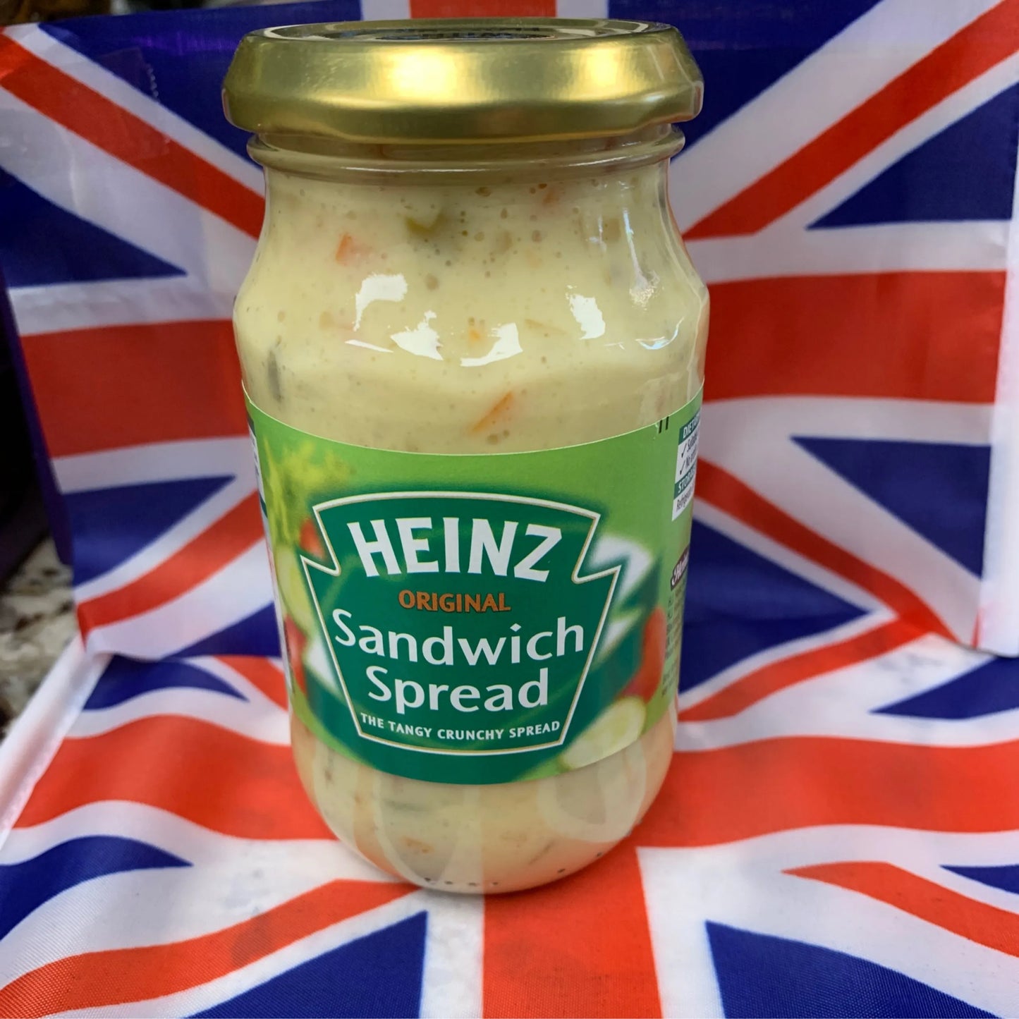 Jar of Heinz Sandwich Spread on a British flag background