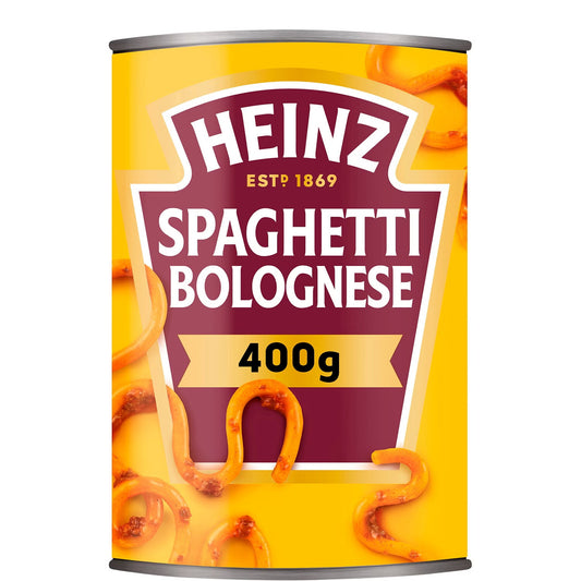 Can of Heinz Spaghetti Bolognese with yellow label and spaghetti imagery