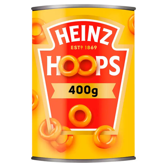 Heinz Hoops can with yellow and red design on a white background