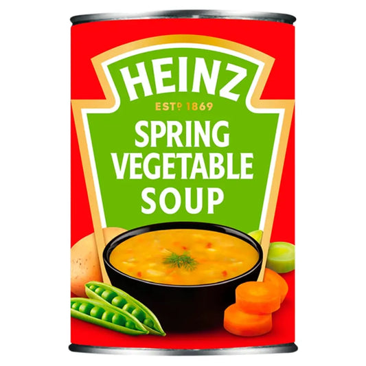 Can of Heinz Spring Vegetable Soup with red and green label