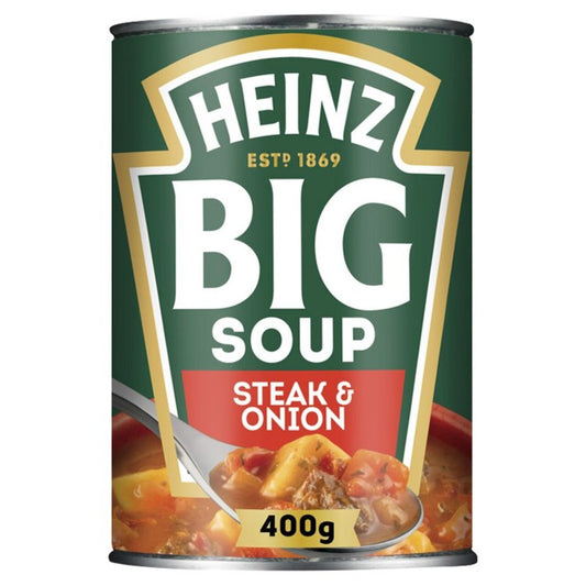 Can of Heinz Big Soup Steak & Onion on a white background