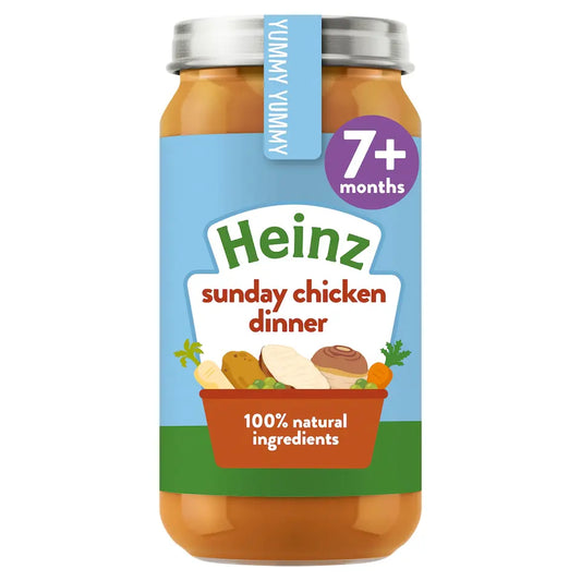 Heinz Sunday Chicken Dinner baby food jar on a white background