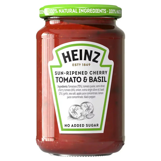 Jar of Heinz sun-ripened cherry tomato and basil sauce with green lid on a white background, now at Buy British PH.