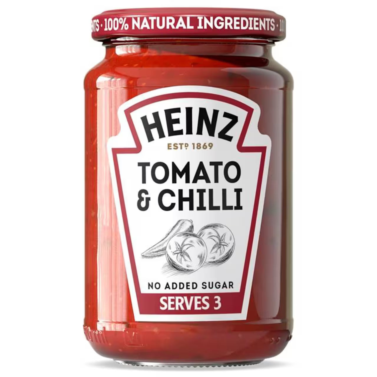 Jar of Heinz Tomato & Chilli sauce on a white background