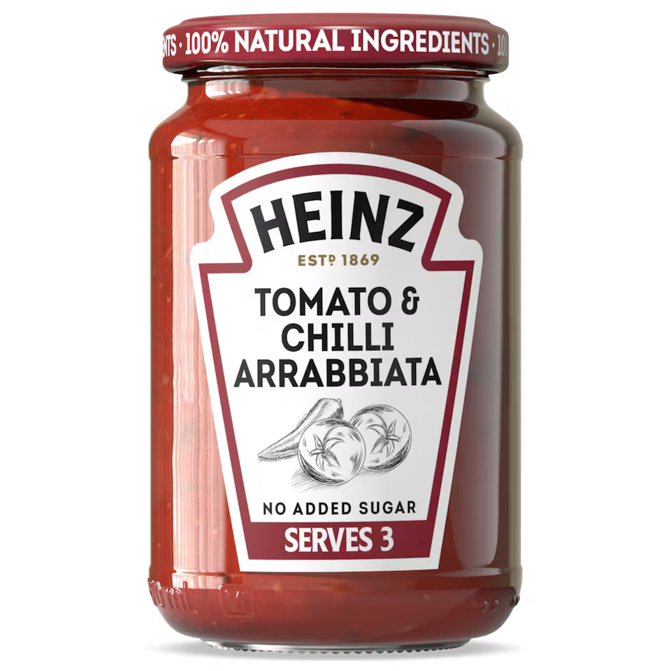 Jar of Heinz Tomato & Chilli Arrabbiata sauce on a white background