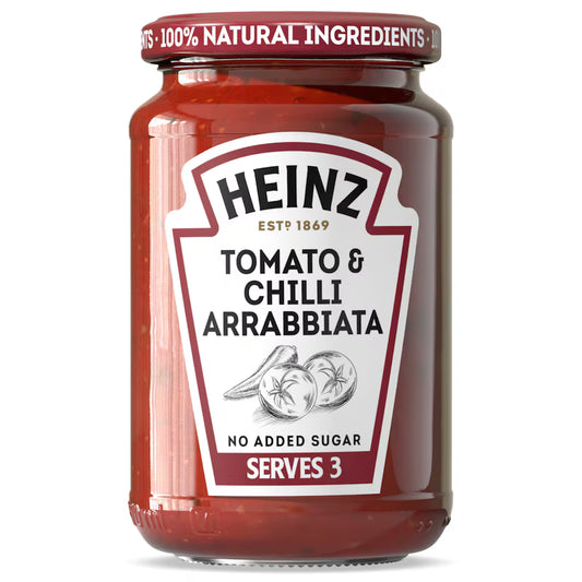 Jar of Heinz Tomato & Chilli Arrabbiata sauce on a white background
